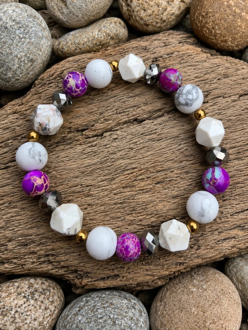 White Howlite, Purple Imperial Jasper, White Turquoise Bead Stretch Bracelet